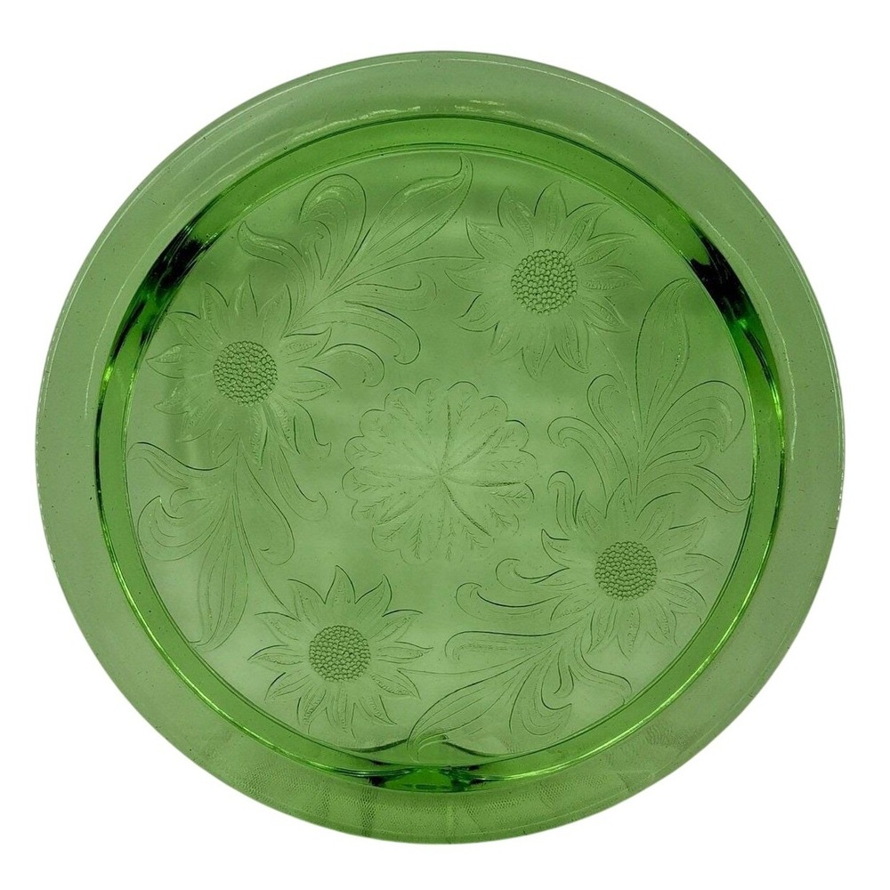 Vintage Green Jeanette Uranium Glass Sunflower 10" Footed Cake Plate *Glows